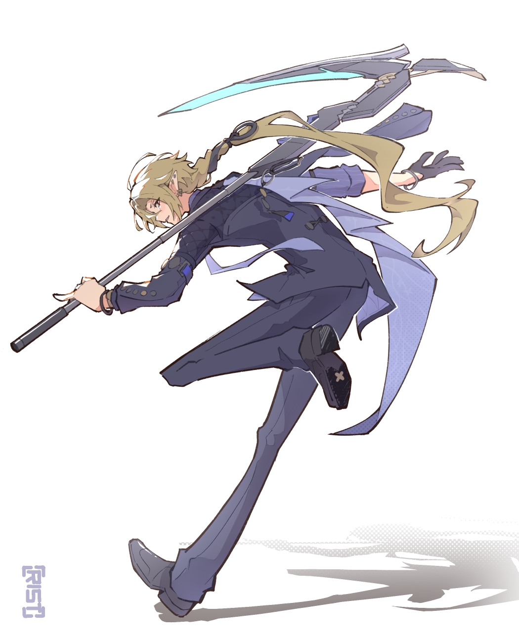 user rfde4742, hugo vlad, zenless zone zero, commentary, english commentary, highres, 1boy, arm out of sleeve, artist name, bicep strap, black gloves, black shoes, blonde hair, bracelet, coat, ear piercing, earrings, from behind, full body, gloves, hair between eyes, holding, holding behind back, holding scythe, holding weapon, holding weapon behind back, jewelry, leg up, long hair, looking back, male focus, mole, mole under eye, pants, parted lips, piercing, pointy ears, purple coat, purple pants, purple shirt, red eyes, ring hair ornament, scythe, shadow, shirt, shoes, simple background, single glove, sleeves rolled up, solo, weapon, white background