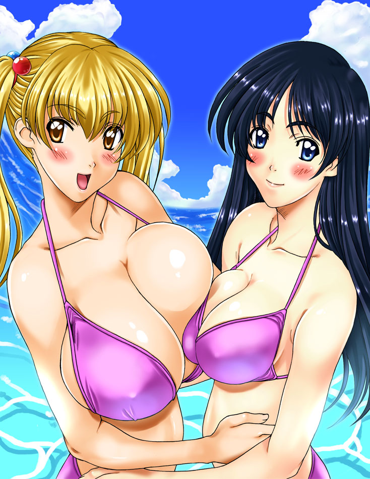kamia (not found), matsuoka kiyone, yukino sayuri, original, bad id, bad pixiv id, duplicate, 2girls, asymmetrical docking, bikini, blonde hair, blush, breast press, breasts, cloud, day, huge breasts, long hair, multiple girls, swimsuit, symmetrical docking