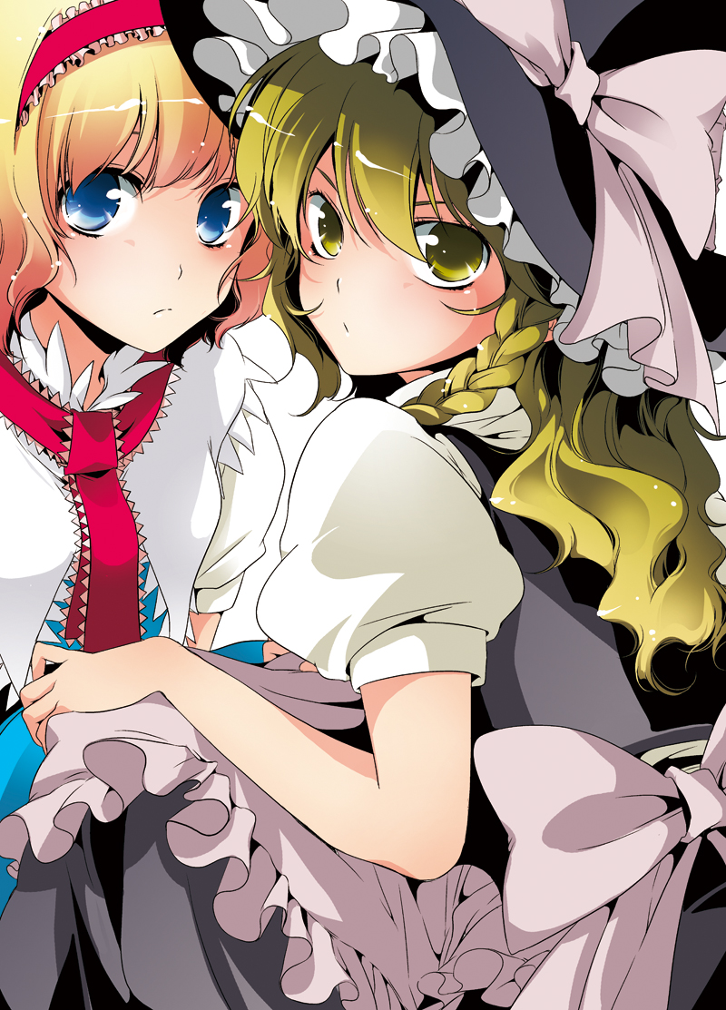 youko (santarose), alice margatroid, kirisame marisa, touhou, 2girls, blonde hair, blue eyes, braid, female focus, hairband, hat, multiple girls, short hair, witch, witch hat, yellow eyes