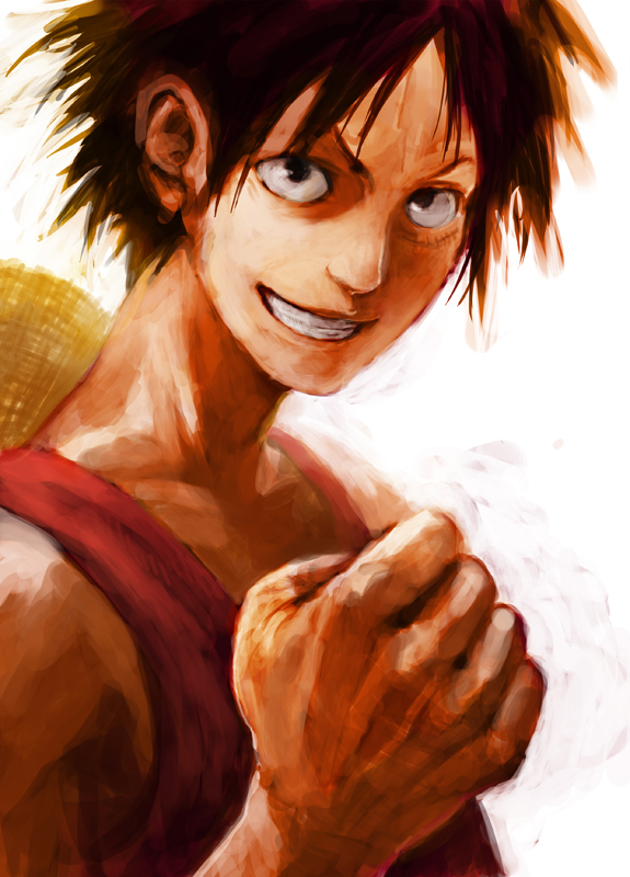 lack, monkey d. luffy, one piece, bad id, bad pixiv id, 1boy, black eyes, black hair, clenched hand, grin, hat, male focus, painterly, red vest, scar, smile, solo, straw hat, teeth, vest, white background