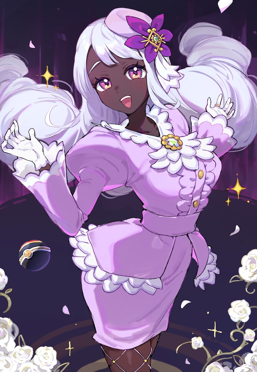 yomizu (rdad3278), jacinthe (pokemon), nintendo, pokemon, pokemon legends: z-a, commentary request, highres, 1girl, :d, arched back, buttons, dark-skinned female, dark skin, dress, eyelashes, fishnet pantyhose, fishnets, flower, gloves, grey hair, hands up, happy, jewelry, long hair, long sleeves, luxury ball, open mouth, pantyhose, poke ball, pokemon (creature), purple dress, purple eyes, ring, smile, solo, sparkle, teeth, tilted headwear, upper teeth only, white flower, white gloves