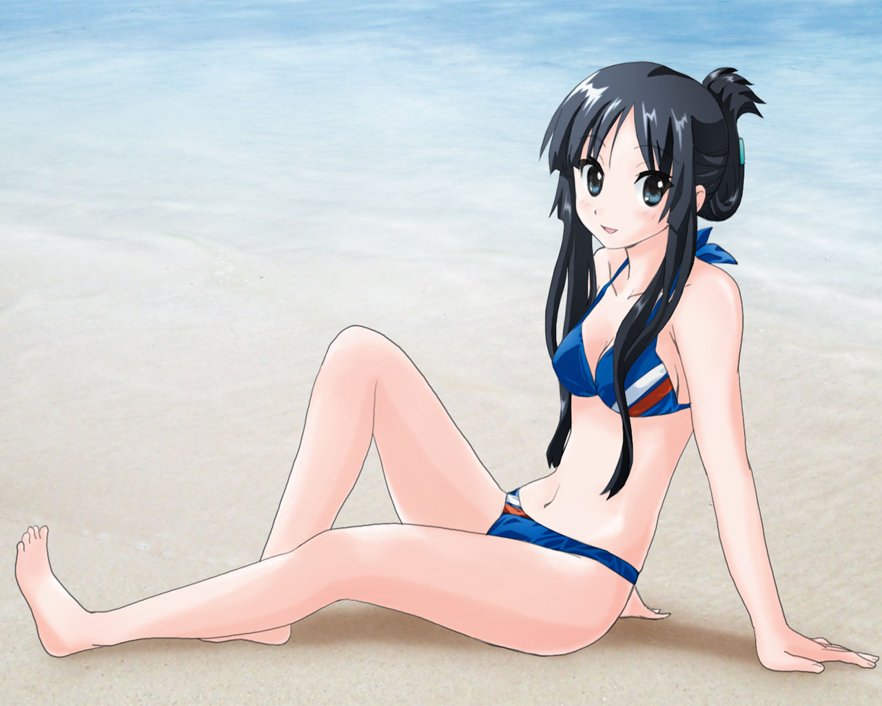 pnhikaru, akiyama mio, k-on!, 00s, 1girl, alternate hairstyle, barefoot, beach, bikini, black eyes, black hair, blue bikini, feet, female focus, full body, long hair, outdoors, solo, swimsuit