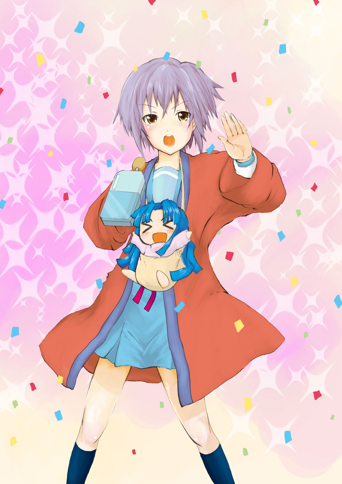 shiro-inu, achakura, asakura ryoko, nagato yuki, suzumiya haruhi-chan no yuuutsu, suzumiya haruhi no yuuutsu, highres, > <, 00s, brown eyes, chibi, closed eyes, confetti, grey hair, handheld karaoke player, microphone, robe, school uniform, serafuku, short hair