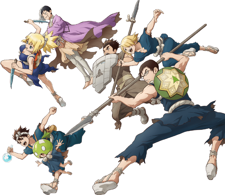asagiri gen, chrome (dr. stone), ginro (dr. stone), kinro (dr. stone), kohaku (dr. stone), ooki taiju, suika (dr.stone), dr. stone, official art, promotional art, 2girls, 5boys, black hair, blonde hair, brown hair, goggles, holding, knife, kunai, multiple boys, multiple girls, polearm, ponytail, reverse grip, shield, spear, sword, weapon, white background