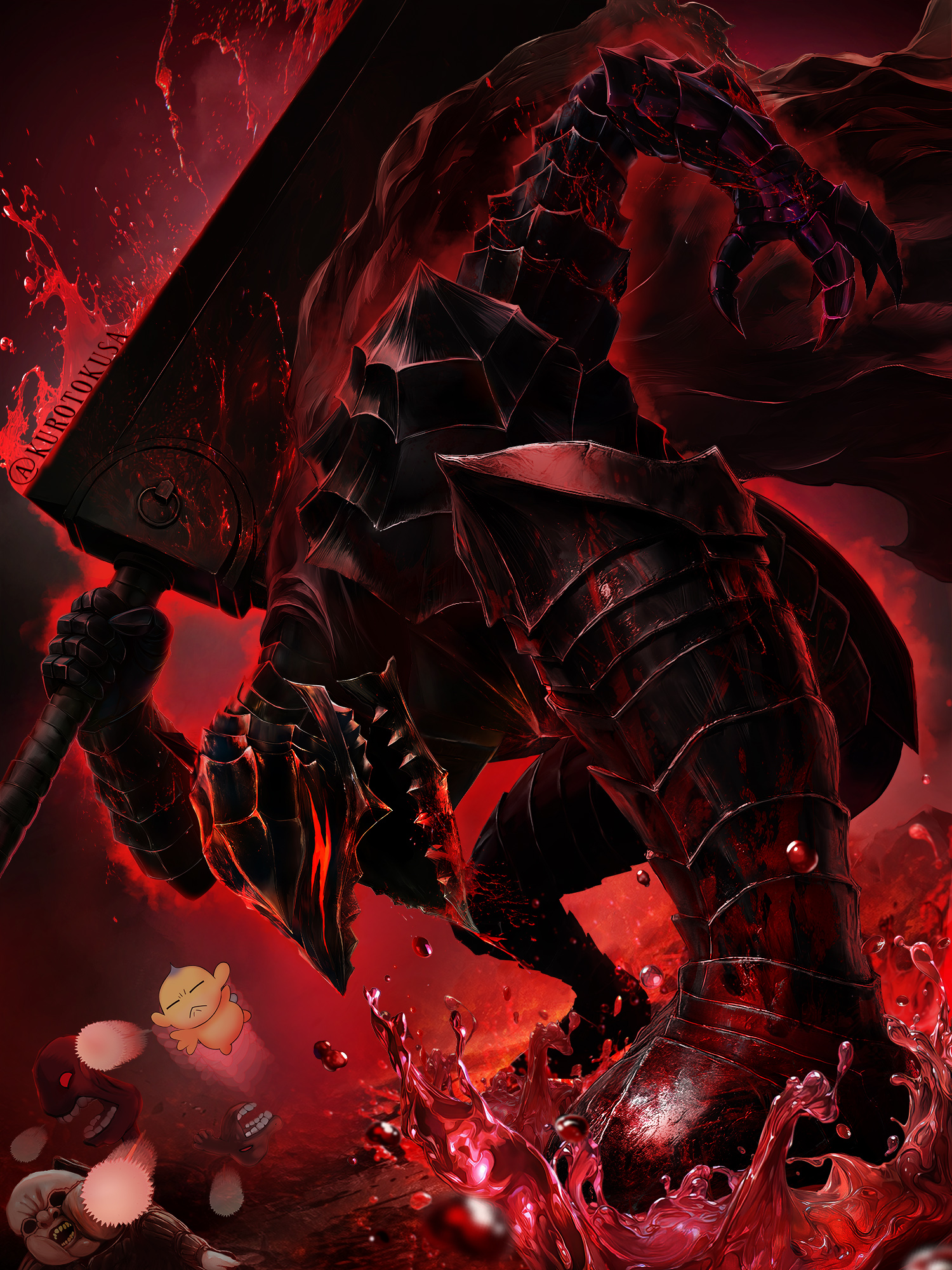 kurotokusa, guts (berserk), puck (berserk), ubik (berserk), berserk, highres, 1boy, armor, artist name, berserker armor, blood, cape, dragonslayer (sword), full armor, holding, holding sword, holding weapon, huge weapon, male focus, solo focus, sword, weapon