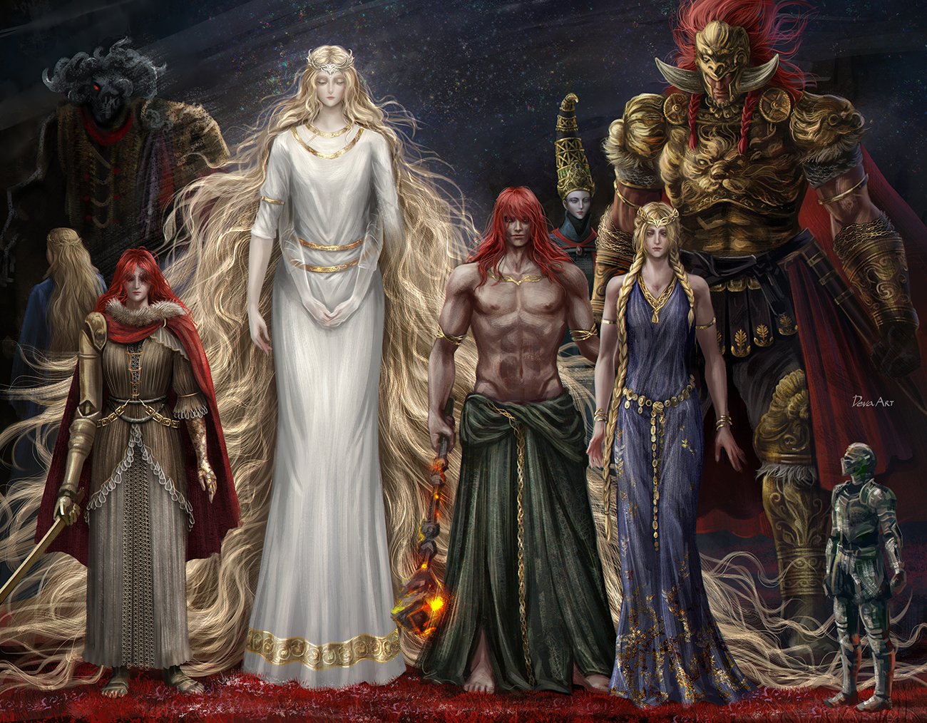 develvdeva, godwyn the golden, malenia blade of miquella, miquella (elden ring), mohg lord of blood, queen marika the eternal, radagon of the golden order, rennala queen of the full moon, starscourge radahn, tarnished (elden ring), elden ring, gold armlet, commentary, english commentary, 1other, 3girls, 5boys, absurdly long hair, amputee, armlet, armor, artist name, asymmetrical horns, barefoot, belt, blonde hair, blue robe, braid, breastplate, brother and sister, brothers, cape, chain, chest jewel, circlet, closed eyes, closed mouth, conical hat, crown, dress, extra arms, facing away, fake horns, full armor, fur trim, glowing, glowing eye, glowing weapon, gold armor, gold belt, gold circlet, gold diadem, gold embroidery, golden sword, greaves, half-siblings, hat, helm, helmet, holding, holding mace, holding sword, holding weapon, horned helmet, horns, husband and wife, jeweled hat, jewelry, king, large hat, long hair, looking at viewer, mace, mismatched horns, missing eye, mother and daughter, mother and son, multiple boys, multiple girls, multiple horns, necklace, ornate armor, ornate clothes, pauldrons, prince, prosthesis, prosthetic arm, queen, red cape, red eyes, red hair, robe, see-through body, shoulder armor, siblings, side braids, sleeveless tunic, stole, sword, tall hat, teeth, triple amputee, tunic, very long hair, wavy hair, weapon, white dress, white tunic, wizard hat