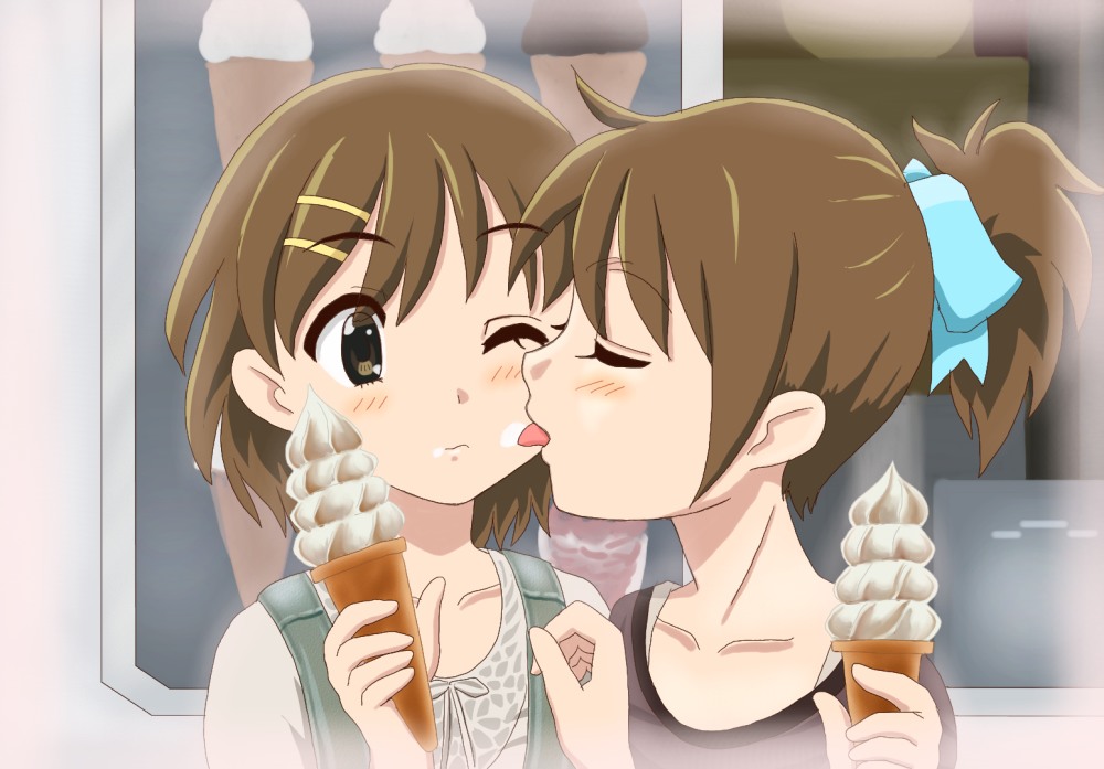 chunpai, hirasawa ui, hirasawa yui, k-on!, 00s, 2girls, blush, brown eyes, brown hair, closed eyes, female focus, food, holding, ice cream, incest, licking, multiple girls, ponytail, short hair, short ponytail, siblings, sisters, tongue, wink, yuri
