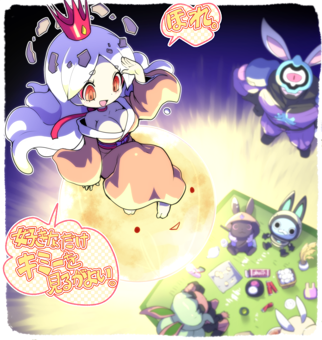 nollety, usakichi, bunny mint, snowrabby, usapyon, youkai watch, youkai watch 3, commentary request, translation request, 3girls, animal ears, blonde hair, breasts, cleavage, crown, cyclops, fake animal ears, from above, green hair, helmet, japanese clothes, kimono, large breasts, long hair, looking down, looking up, micchi (youkai watch), multiple girls, off shoulder, one-eyed, open mouth, ponytail, rabbit ears, rabbit girl, solo focus, spacesuit, speech bubble, tamagonokimi, trait connection, white hair, youkai (youkai watch)