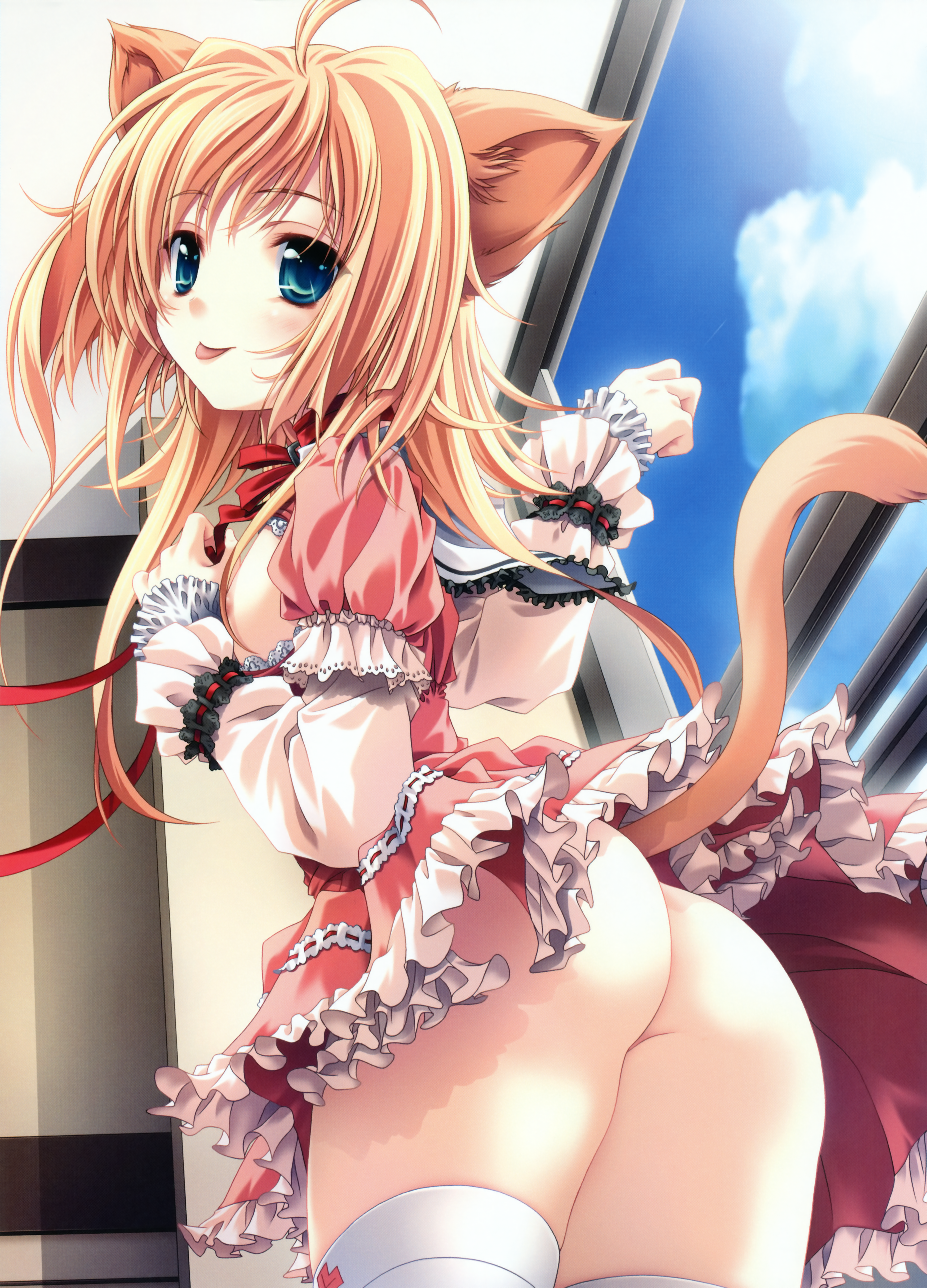 miyama-zero, absurdres, highres, huge filesize, 1girl, ahoge, animal ears, blonde hair, blue eyes, breasts, cat ears, cat tail, female focus, frills, from behind, medium breasts, miyami-zero, nipples, no panties, open clothes, open shirt, shirt, solo, tail, thighhighs, tongue, upskirt