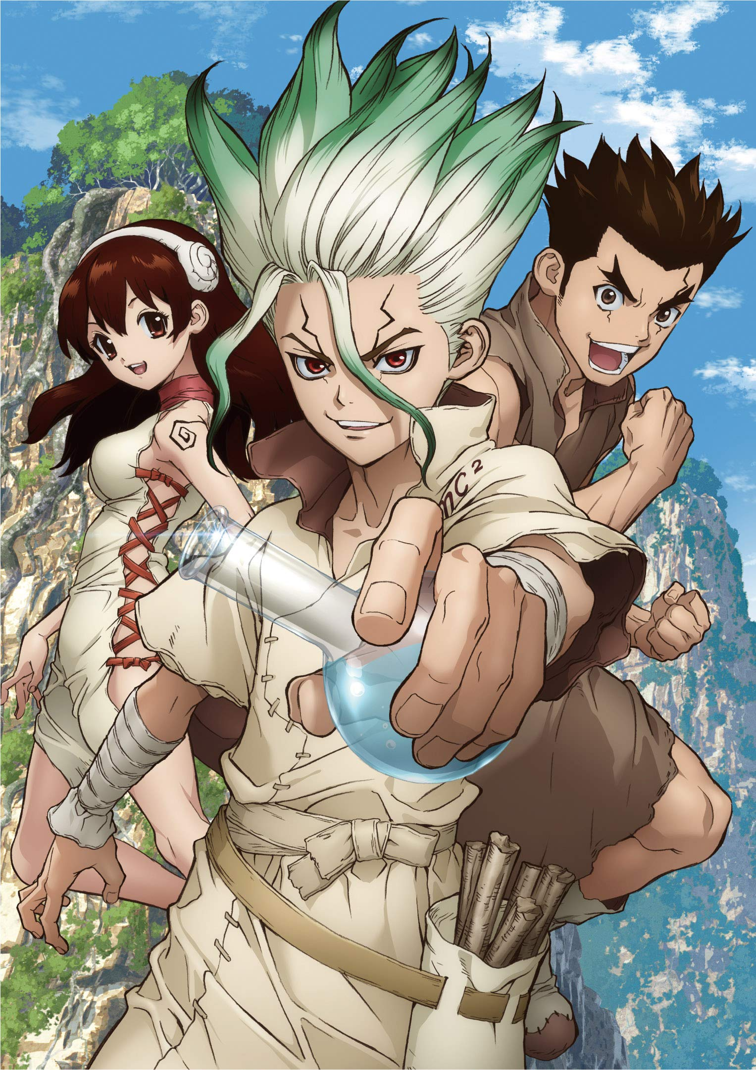 ishigami senkuu, ogawa yuzuriha, ooki taiju, dr. stone, highres, official art, promotional art, 1girl, 2boys, bandaged arm, bandages, black hair, breasts, brown eyes, brown hair, cloud, cross-laced clothes, cross-laced slit, day, dress, fantasy, gradient hair, green hair, hairband, long hair, looking at viewer, mountain, multicolored hair, multiple boys, open mouth, outdoors, red eyes, sideboob, sideless outfit, sky, sleeveless, smile, spiked hair, tattoo, test tube, two-tone hair, white hair
