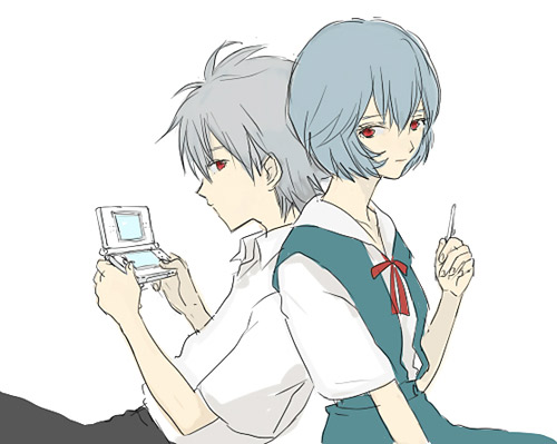 lrk, ayanami rei, nagisa kaworu, neon genesis evangelion, silver hair, lowres, 1boy, 1girl, back-to-back, blue hair, handheld game console, nintendo ds, pale skin, red eyes, school uniform, stylus