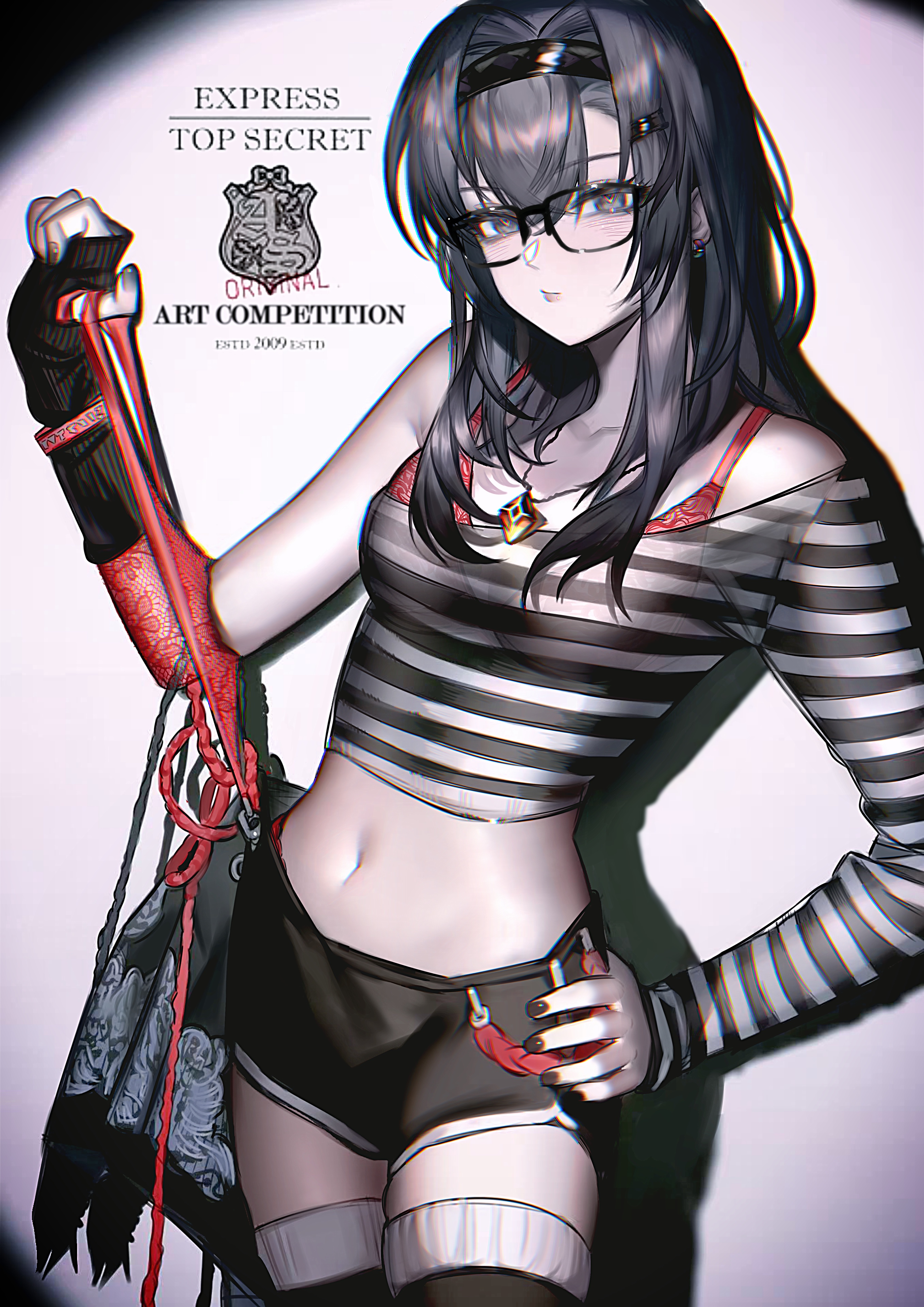 grscubes, priestess (arknights), arknights, absurdres, chinese commentary, commentary request, highres, 1girl, alternate costume, arm up, bare shoulders, bespectacled, black-framed eyewear, black gloves, black hair, black hairband, black nails, black shirt, black shorts, black thighhighs, blush, bra, closed mouth, collarbone, cowboy shot, crop top, cropped shirt, earrings, fingerless gloves, glasses, gloves, grey eyes, hair between eyes, hair ornament, hair over shoulder, hairband, hairclip, hand on own hip, jewelry, long hair, long sidelocks, looking at viewer, midriff, nail polish, navel, red bra, shadow, shirt, short shorts, shorts, sidelocks, single glove, single sleeve, striped clothes, striped shirt, symbol-shaped pupils, thighhighs, underwear, white shirt