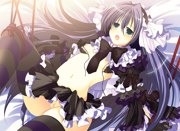 ishizaki hiroki, kuronigiri, original, bad id, bad pixiv id, 1girl, bdsm, bondage, bound, censored, female focus, gothic lolita, lolita fashion, pussy, solo, striped clothes, striped thighhighs, thighhighs