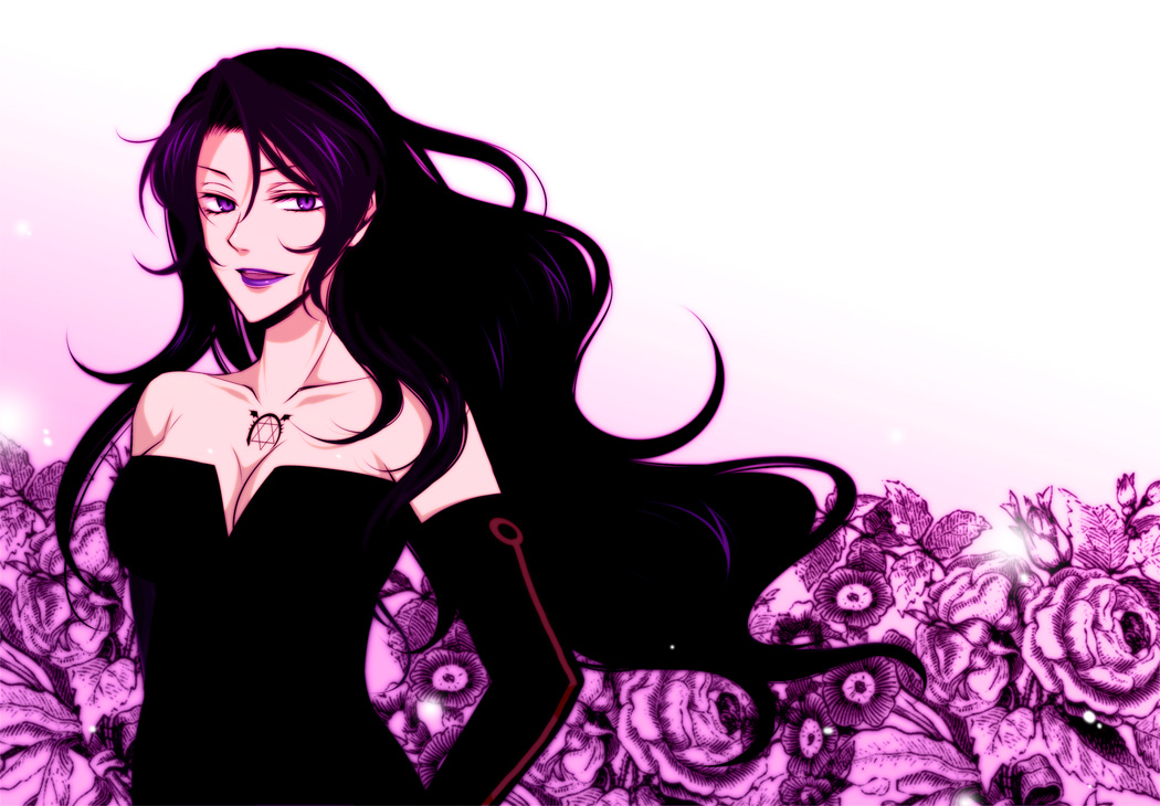 mutsuki futako, mutsukifutako (pixiv), lust (fma), fullmetal alchemist, homunculus, bad id, bad pixiv id, 00s, 1girl, bare shoulders, black dress, black gloves, black hair, breasts, cleavage, dress, elbow gloves, female focus, flower, gloves, hexagram, large breasts, lipstick, long hair, makeup, open mouth, ouroboros, purple eyes, purple lips, purple theme, solo, strapless, strapless dress, tattoo, wavy hair