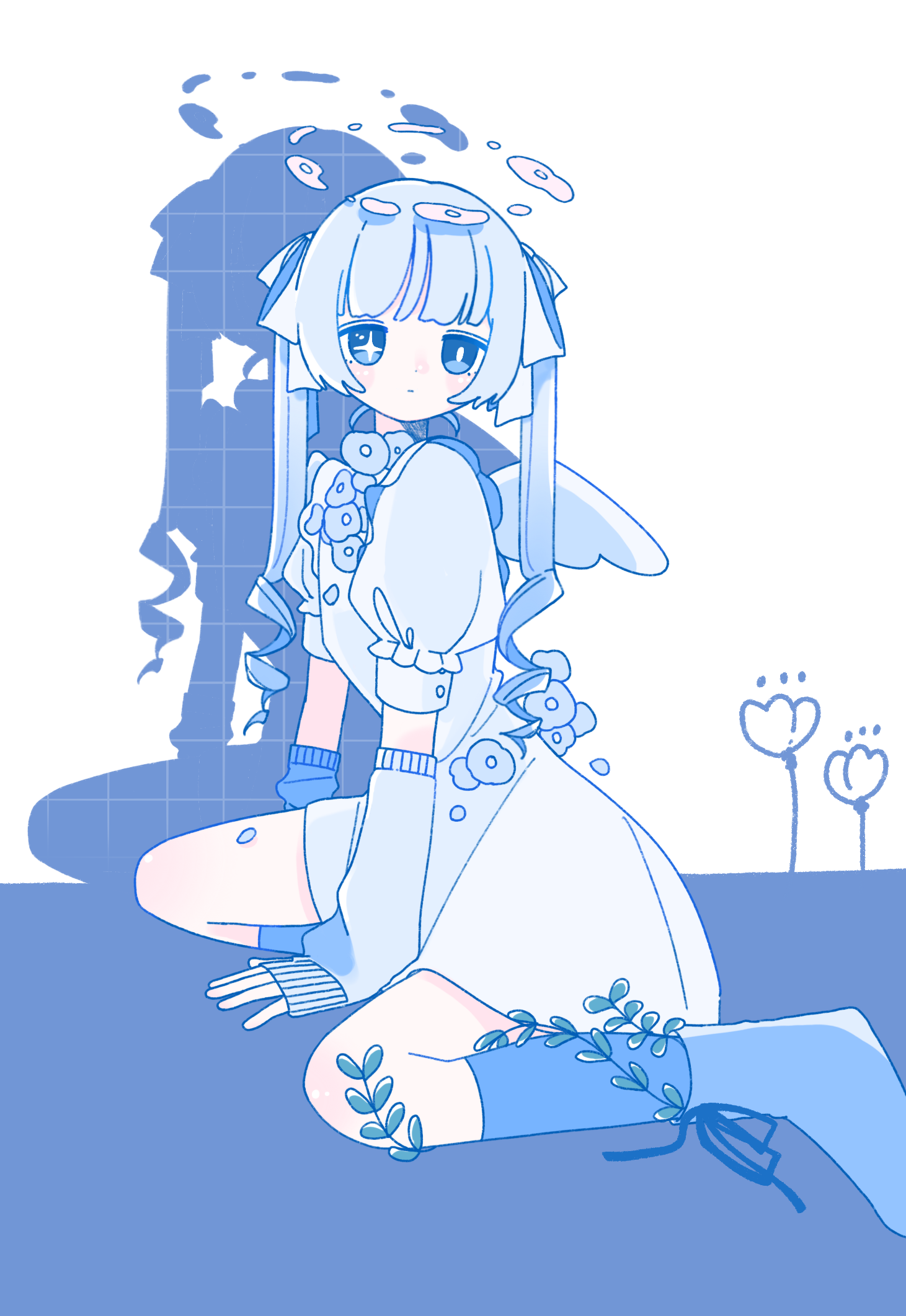 sskitaco, original, highres, 1girl, angel, angel wings, arm warmers, blue theme, boots, dress, flower, halo, kneehighs, long hair, looking at viewer, puffy short sleeves, puffy sleeves, shadow, short dress, short sleeves, sitting, socks, twintails, wings