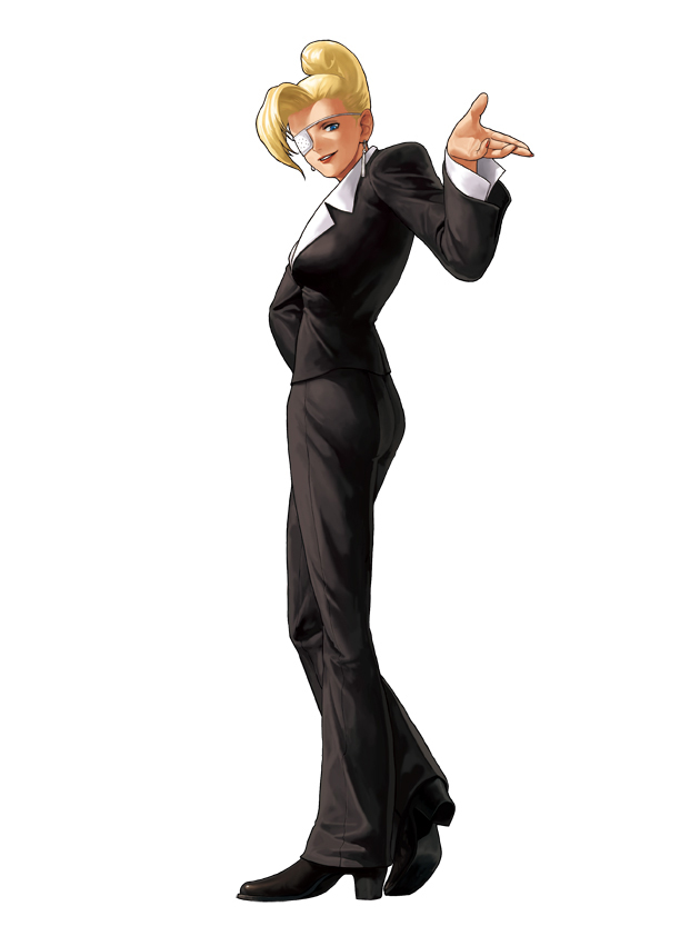 ogura eisuke, mature (kof), snk, the king of fighters, the king of fighters xii, official art, 1girl, blonde hair, blue eyes, eyepatch, female focus, formal clothes, fringe trim, full body, high heels, nail polish, shoes, simple background, solo, standing, topknot, white background