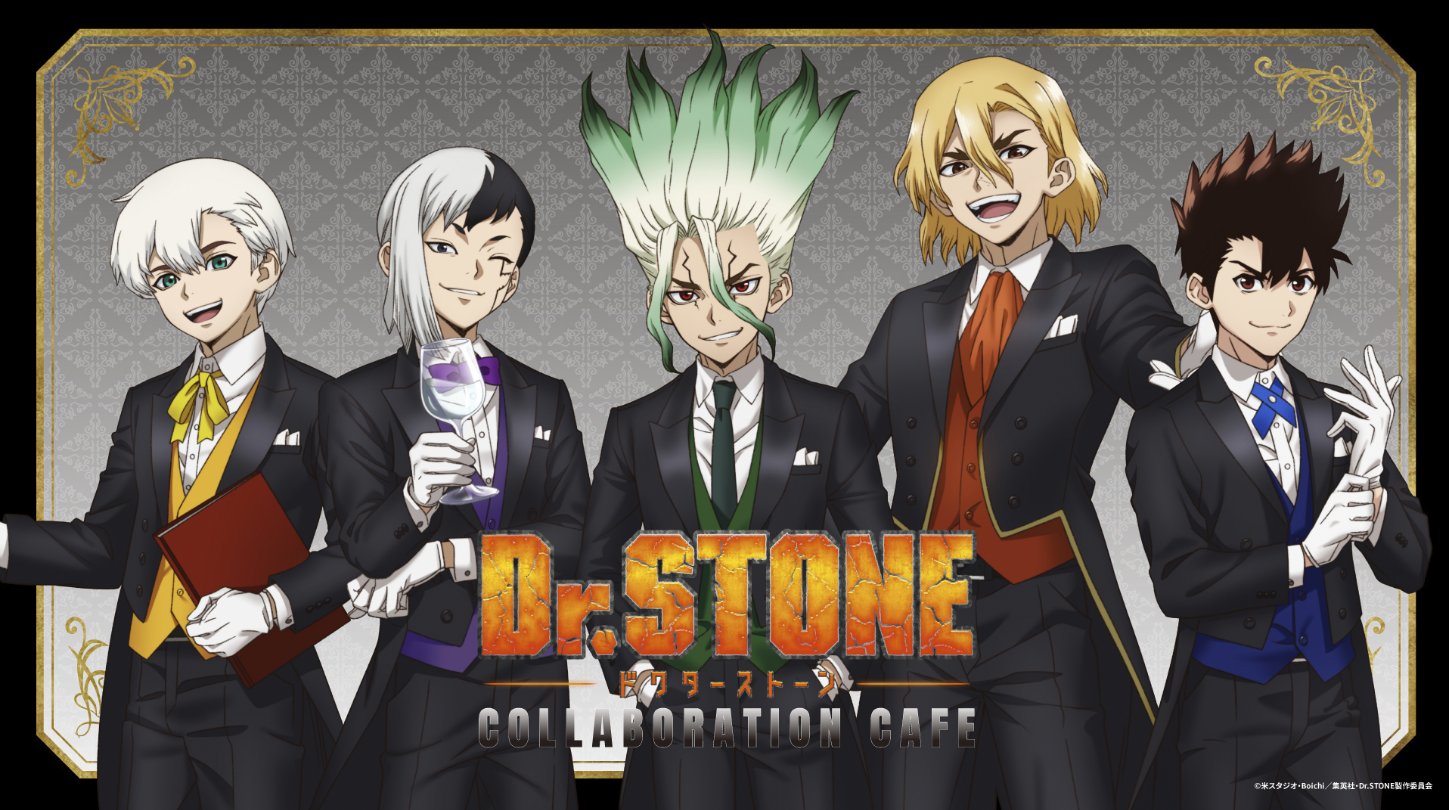 asagiri gen, chrome (dr. stone), ishigami senkuu, nanami ryuusui, saionji ukyou, dr. stone, official art, 5boys, adjusting clothes, adjusting gloves, ascot, black hair, black pants, black suit, blonde hair, blue eyes, brown eyes, brown hair, cup, drinking glass, formal clothes, gloves, gradient hair, green eyes, green hair, green necktie, hair between eyes, holding, holding cup, looking at viewer, male focus, multicolored hair, multiple boys, neck ribbon, necktie, one eye closed, open mouth, pants, red eyes, red vest, ribbon, shirt, short hair, smile, spiked hair, suit, two-tone hair, vest, white gloves, white hair, wine glass