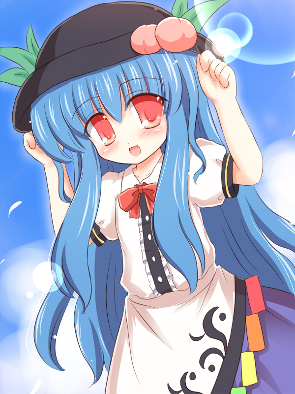ry (yagoyago), hinanawi tenshi, touhou, 1girl, blue hair, blush, bow, female focus, food, food as clothes, fruit, hat, lens flare, long hair, peach, red eyes, solo
