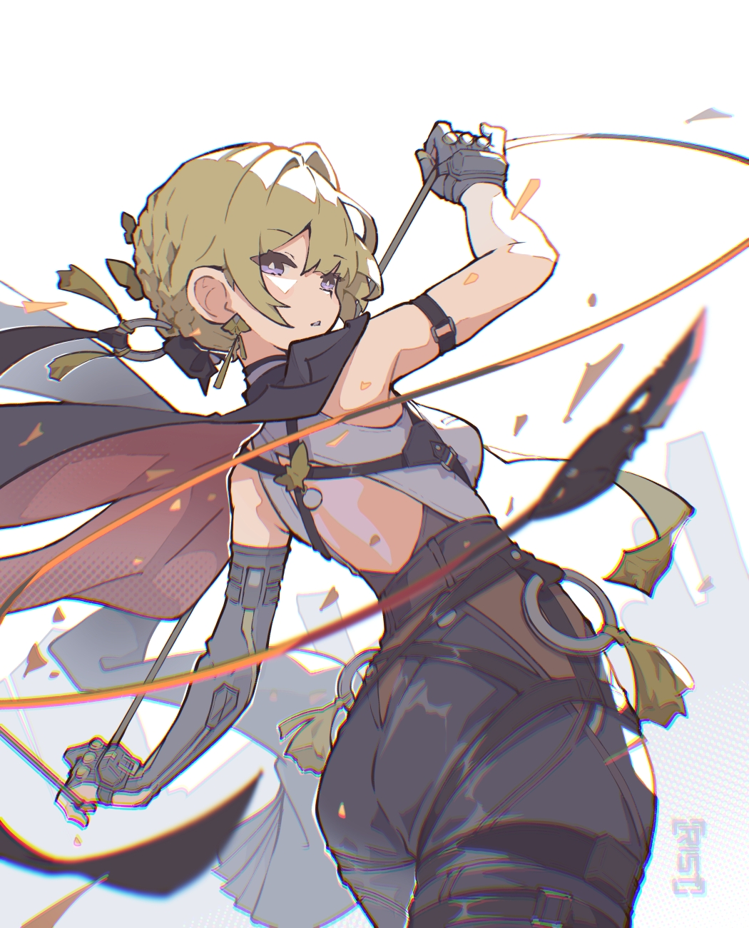 user rfde4742, evelyn chevalier, zenless zone zero, commentary, english commentary, highres, 1girl, arm strap, artist name, ass, back, bare shoulders, black coat, black gloves, black pants, blonde hair, breasts, chest harness, coat, coat on shoulders, cowboy shot, earrings, elbow gloves, from behind, gloves, hair between eyes, half gloves, harness, high-waist pants, jewelry, knife, latex pants, long ribbon, looking at viewer, looking back, medium breasts, necktie, pants, parted lips, purple eyes, ring hair ornament, shirt, single elbow glove, single half glove, sleeveless, sleeveless shirt, solo, thigh strap, thread, tight clothes, tight pants, weapon, white background, white shirt, yellow necktie