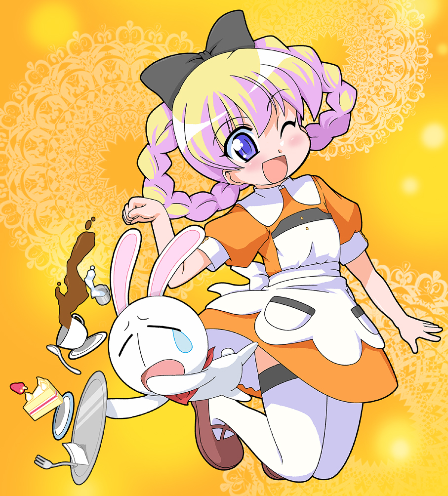 ki (adotadot), mesousa, rebecca miyamoto, pani poni dash!, 00s, blonde hair, blue eyes, bow, braid, cake, child, coffee, cream, cup, dress, food, fork, full body, hair bow, long hair, one eye closed, pastry, solo, spill, tears, thighhighs, tray, twin braids, wink