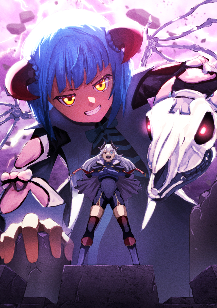 user xvxh2273, bungo yayoi, yamawaki bon ivar, heaven burns red, 2girls, black cape, blue eyes, blue hair, boots, braid, cape, crossed arms, demon horns, destruction, evil smile, full body, giant, gloves, glowing, glowing eyes, grey cape, grey hair, grin, horns, joints, long hair, long sleeves, looking at viewer, multiple girls, open mouth, red eyes, short hair, skeleton, skull, smile, standing, teeth, thighhighs, white hair, wings, yellow eyes