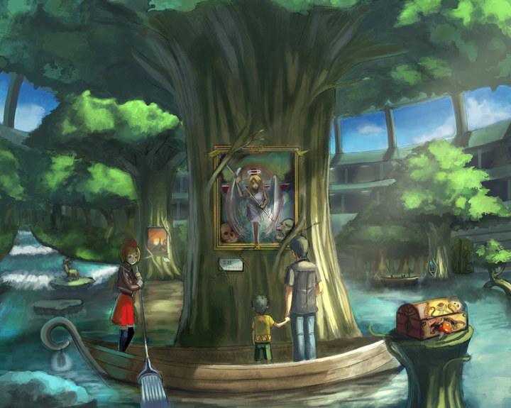 tatsunami takeshi, original, 1girl, 2boys, child, fantasy, gondola, landscape, multiple boys, museum, nature, painting (object), river, skirt, thighhighs, tree, water