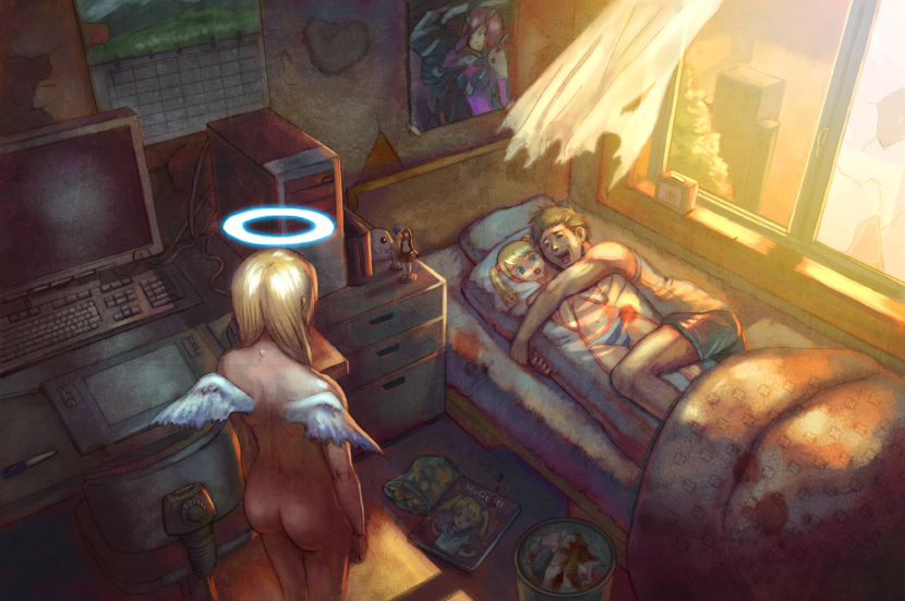 tatsunami takeshi, original, commentary, 1boy, 1girl, angel, ass, bed, bedroom, bikini, blonde hair, blood, broken, calendar, calendar (object), casual nudity, computer, computer keyboard, dakimakura (object), drawing tablet, figure, halo, happy, lonely, long hair, monitor, nude, otaku, panties, pillow, poster (medium), poster (object), striped clothes, striped panties, stylus, swimsuit, underwear, window, wings