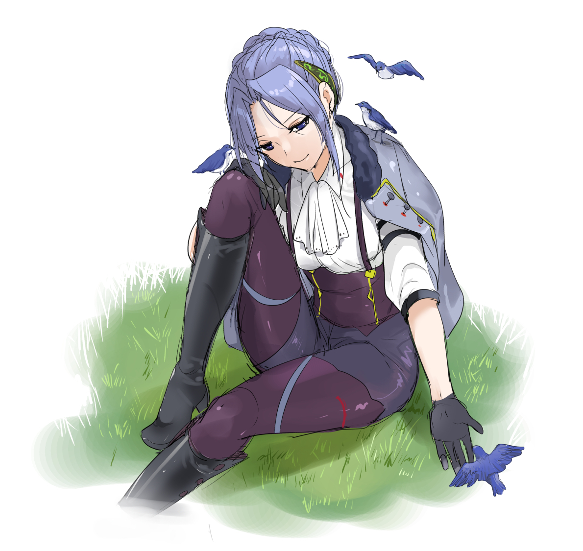 katase nano, hanamura shiki, heaven burns red, 1girl, animal, animal on shoulder, ascot, bird, bird on shoulder, black gloves, blue eyes, blue hair, boots, braid, braided bun, breasts, closed mouth, gloves, grass, hair bun, hair ornament, hand on own knee, high heel boots, high heels, jacket, jacket on shoulders, knee boots, looking at viewer, pants, pantyhose, parted bangs, purple pants, purple pantyhose, shirt, sitting, smile, solo, suspenders, white ascot, white background, white shirt