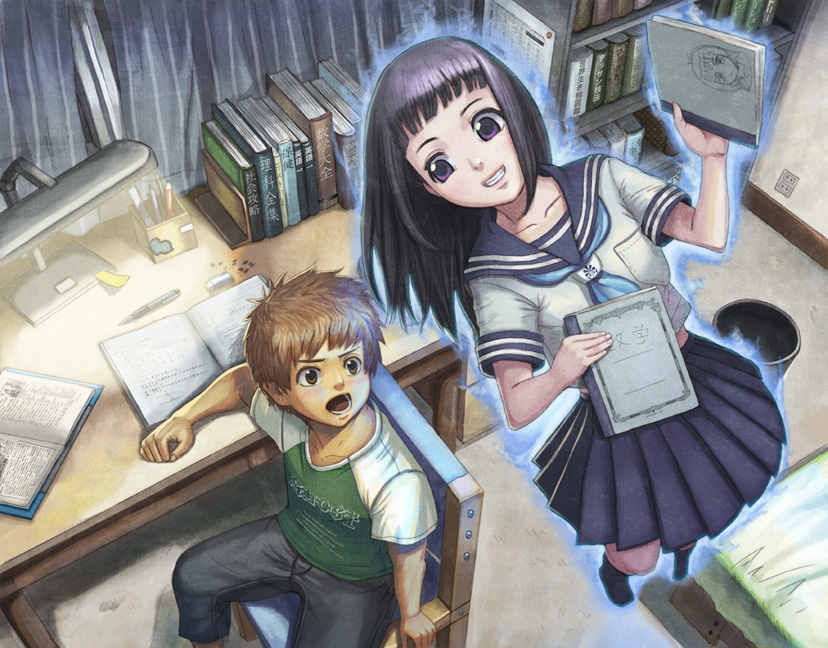 tatsunami takeshi, original, blunt bangs, book, brown eyes, brown hair, flying, ghost, grin, hime cut, long hair, purple eyes, purple hair, raglan sleeves, school uniform, serafuku, skirt, smile