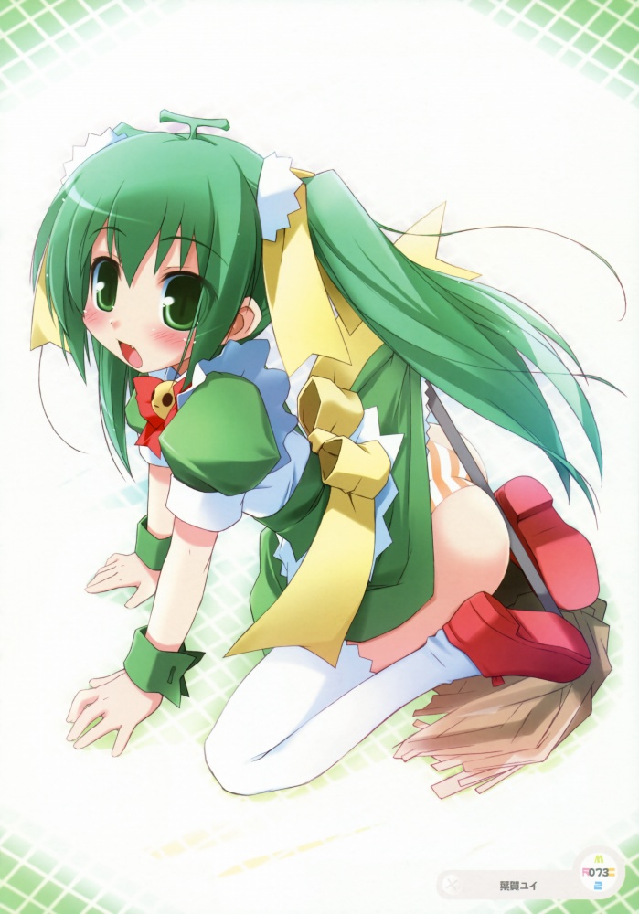 haga yui, melon-chan, melonbooks, all fours, ass, blush, bow, green eyes, green hair, loli, long hair, panties, ribbon, thighhighs, twintails, underwear