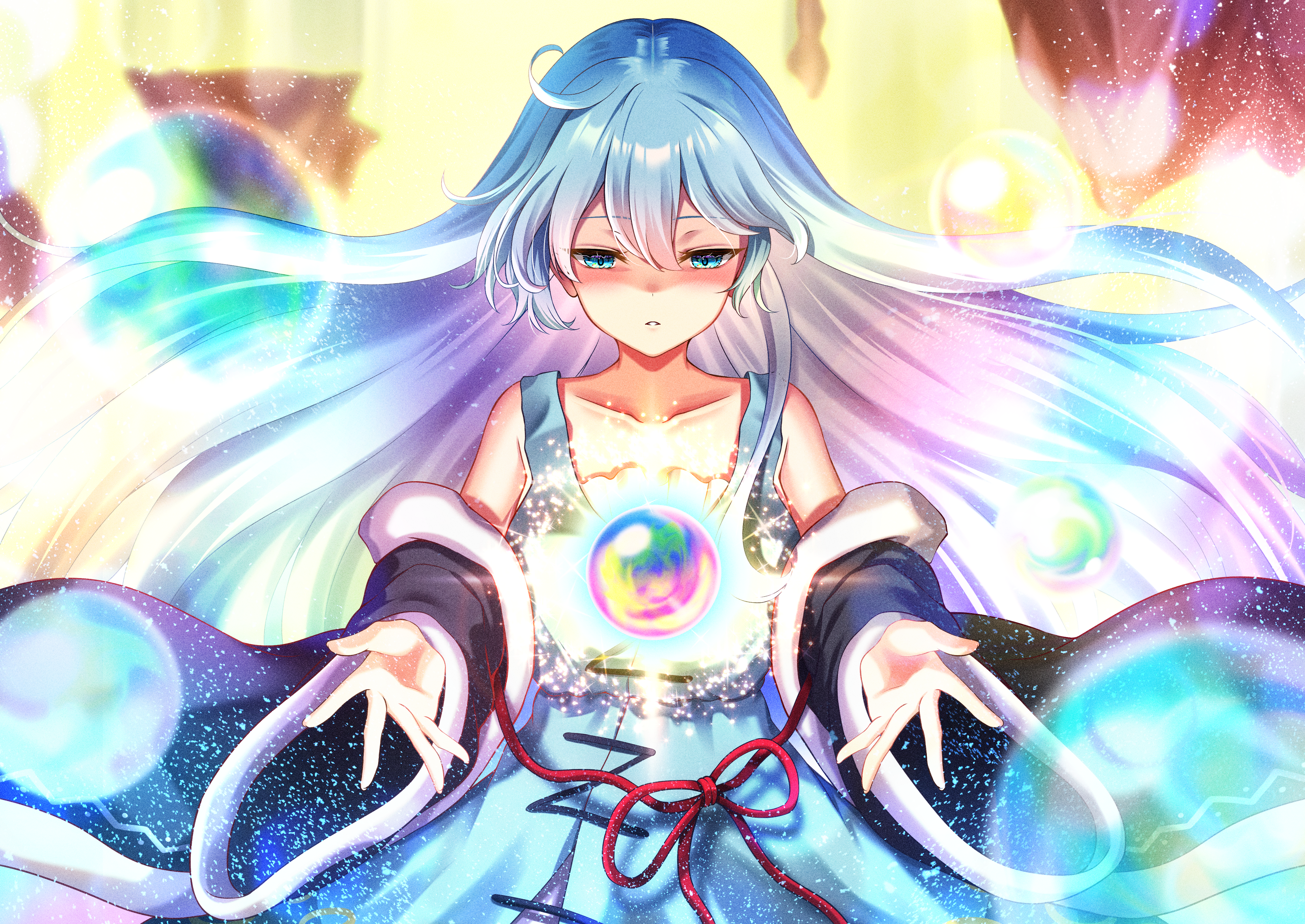akine (kuroyuri), muwatari makura, gensou shoujo taisen, touhou, absurdres, highres, blue hair, dress, hair between eyes, half-closed eyes, long hair, off shoulder, solo