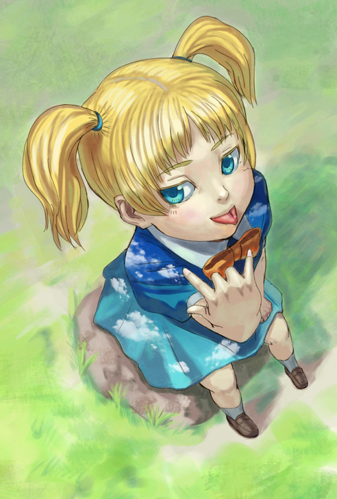 tatsunami takeshi, original, m/, n/, blonde hair, blue eyes, bow, child, dress, from above, rock, solo, tongue, twintails