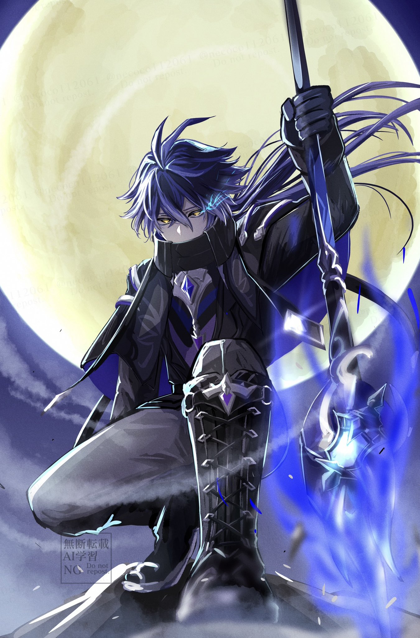 necoco112061, flins (genshin impact), genshin impact, highres, 1boy, black boots, black gloves, boots, full moon, gloves, holding, holding polearm, holding weapon, long sleeves, looking at viewer, moon, pants, polearm, squatting, weapon, yellow eyes