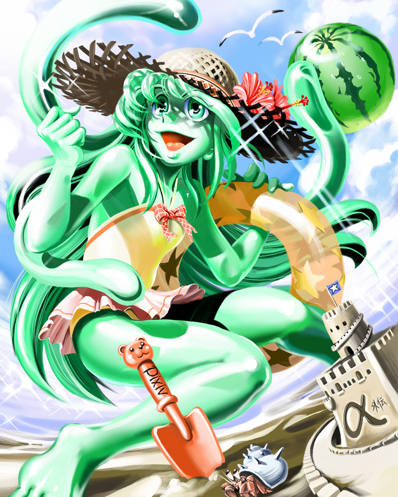 dorasu, original, pixiv robot wars, 1girl, :d, aqua eyes, barefoot, beach, bird, colored skin, crab, crustacean, day, feet, female focus, flower, food, fruit, green skin, hat, hermit crab, holding, holding food, holding fruit, holding watermelon, innertube, jellyfish, living hair, monster girl, ocean, open mouth, outdoors, prehensile hair, sand, sand castle, sand sculpture, seagull, shovel, sky, smile, solo, sparkle, straw hat, swim ring, tentacle hair, tentacles, toes, trowel, watermelon, worktool