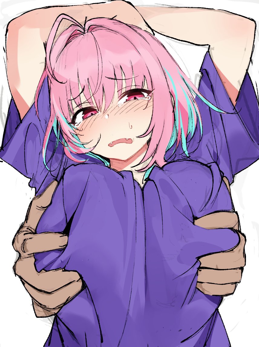 ndgd, yumemi riamu, idolmaster, idolmaster cinderella girls, 1girl, 1other, arms up, blue hair, blush, fangs, grabbing another's breast, grabbing from behind, groping, multicolored hair, pink eyes, pink hair, purple shirt, shirt, sweatdrop, tearing up, two-tone hair, white background