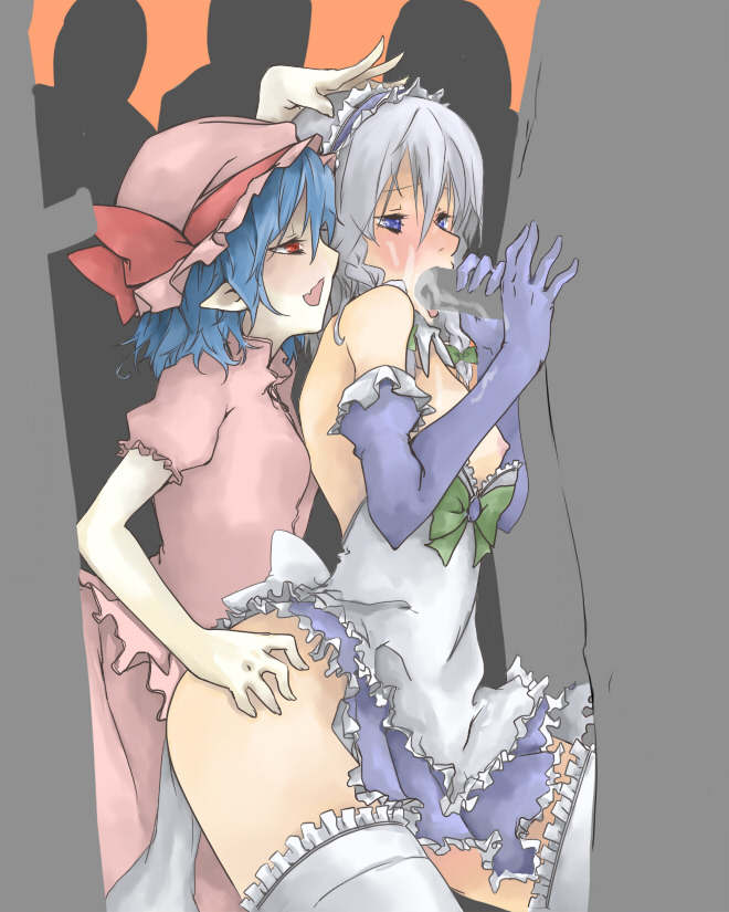 koge-owl, izayoi sakuya, remilia scarlet, touhou, silver hair, bad id, bad pixiv id, 2girls, 5boys, bisexual female, blue hair, cum, cum on body, elbow gloves, facial, fellatio, gloves, magical girl, maid, multiple boys, multiple girls, oral, penis, sex, sexual coaching, short hair, thighhighs, uncensored