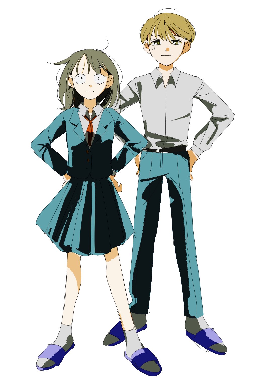 hatono chihiro, takami kouki, futsuu no keion-bu, commentary request, highres, 1boy, 1girl, :/, blazer, blonde hair, blue jacket, blue pants, blue skirt, brown eyes, collared shirt, dress shirt, full body, grey hair, grey shirt, hands on own hips, hiko (sisterkaie), jacket, lapels, light smile, long sleeves, medium hair, neck ribbon, notched lapels, pants, red ribbon, ribbon, sandals, school uniform, shirt, shirt tucked in, simple background, skirt, slides, socks, standing, white background