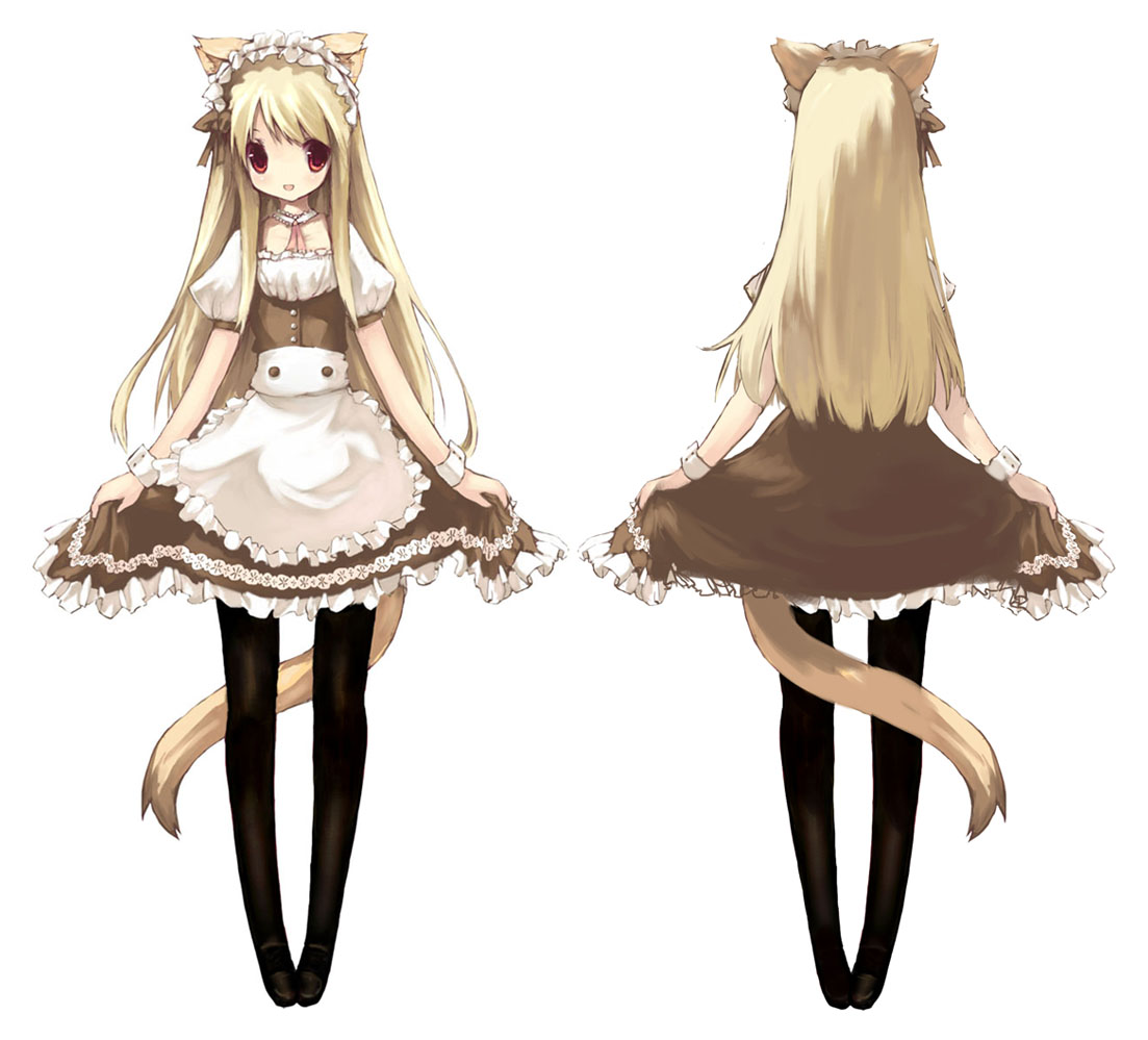 ritsuki, animal ears, blonde hair, cat ears, long hair, maid, pantyhose, red eyes