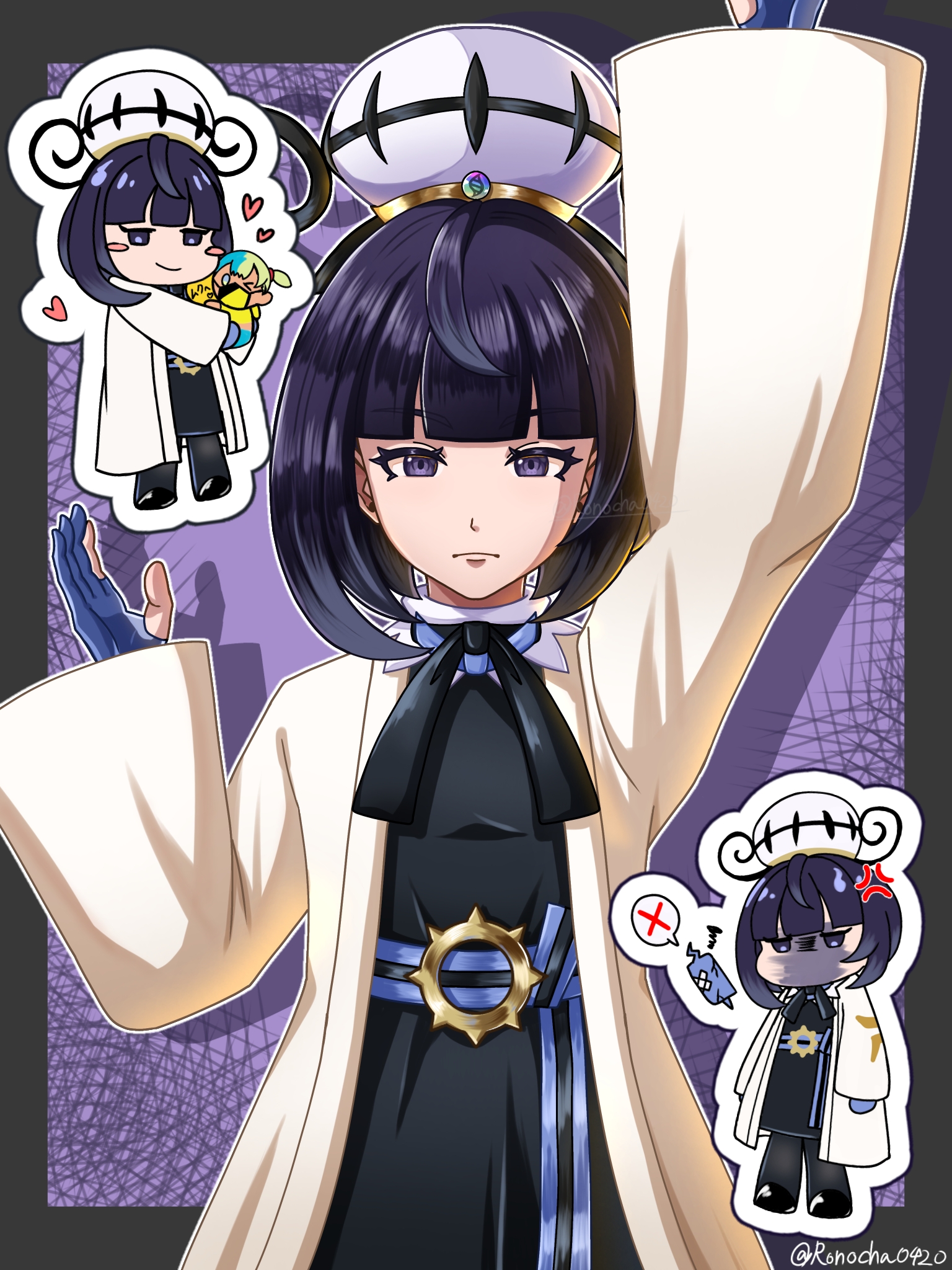 chronoroku, gwynn (pokemon), rotom, rotom phone, nintendo, pokemon, pokemon legends: z-a, commentary request, highres, 1girl, anger vein, arm up, belt, black dress, black hair, black ribbon, blue belt, blue gloves, blunt bangs, blush stickers, chibi, closed mouth, coat, doll, dress, eyelashes, gen 4 pokemon, gloves, grey eyes, hand up, hat, heart, holding, holding doll, long hair, long sleeves, looking at viewer, multiple views, neck ribbon, open clothes, open coat, partially fingerless gloves, ribbon, spoken x, squiggle, twitter username, white coat