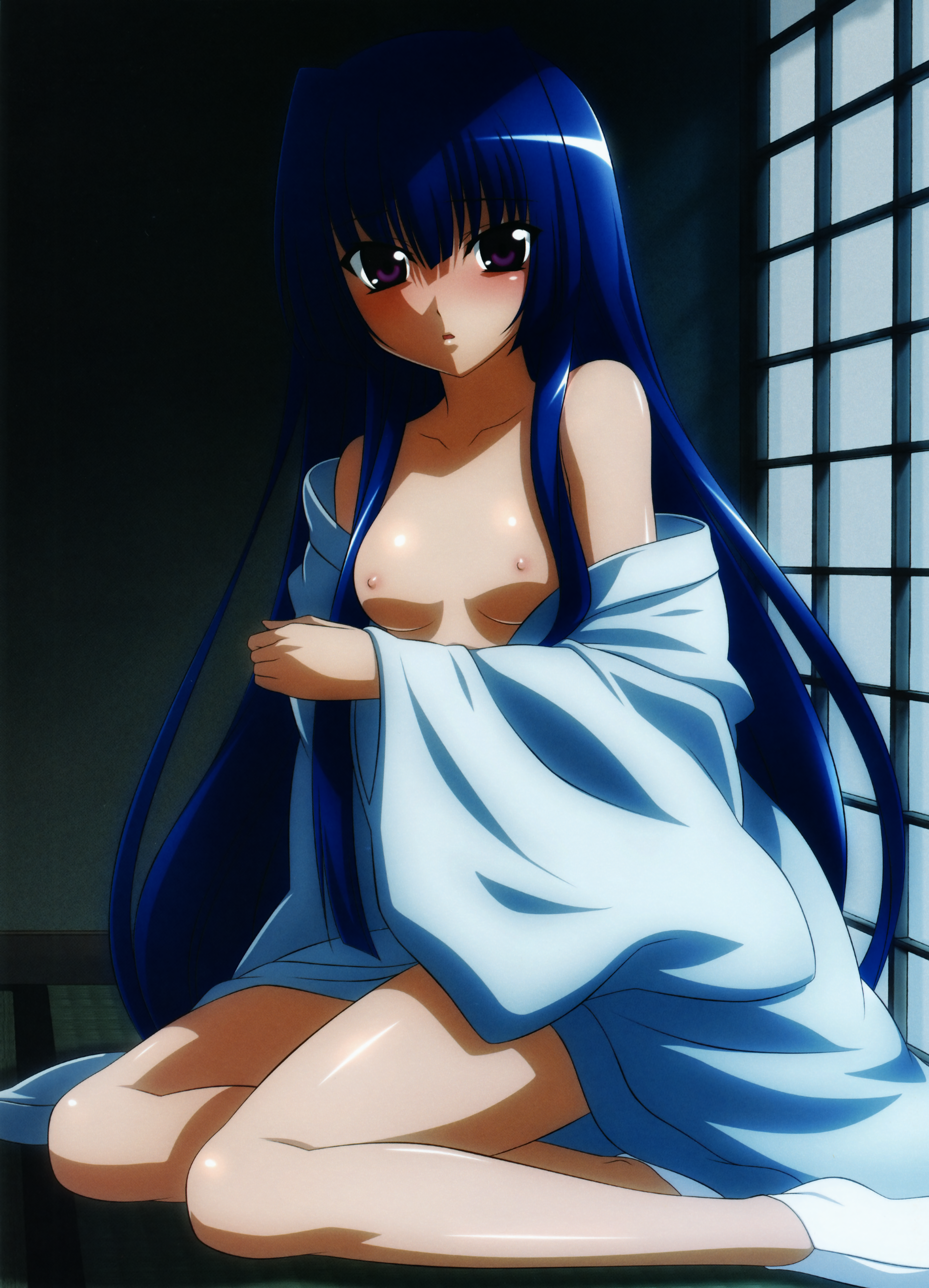 sugimura tomokazu, akabane kureha, night wizard, absurdres, highres, huge filesize, 00s, 1girl, bare shoulders, blue hair, blue kimono, blush, female focus, flat chest, japanese clothes, kimono, long hair, long legs, nipples, no bra, open clothes, open shirt, purple eyes, shirt, sitting, small nipples, solo, undressing, yukata