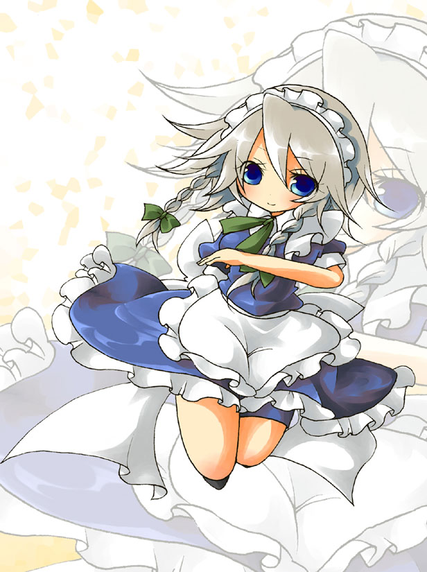 ara ta, harada (sansei rain), izayoi sakuya, touhou, silver hair, bad id, bad pixiv id, 1girl, blue eyes, braid, female focus, hairband, maid, ribbon, short hair, solo, twin braids