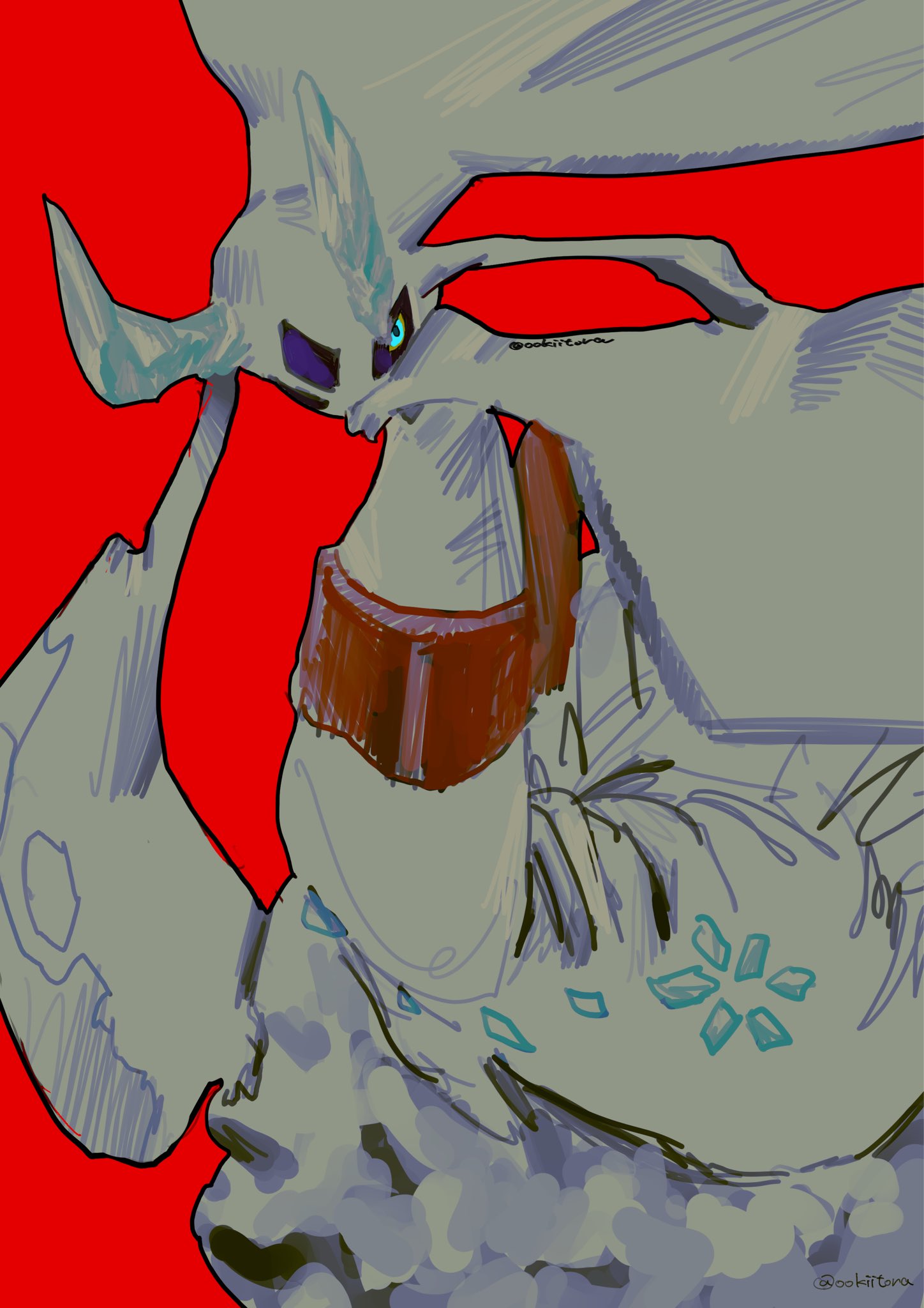 ookiitora128706, froslass, mega froslass, nintendo, pokemon, highres, blue eyes, blue sclera, colored sclera, gen 4 pokemon, horns, looking at viewer, mega pokemon, no humans, pokemon (creature), pokemon focus, red background, simple background, solo