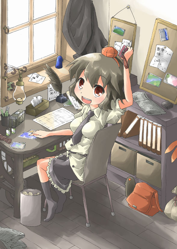 ara ta, harada (sansei rain), shameimaru aya, touhou, bad id, bad pixiv id, 1girl, black hair, camera, female focus, from above, hat, looking at viewer, open mouth, red eyes, room, short hair, sitting, skirt, smile, socks, solo, tokin hat