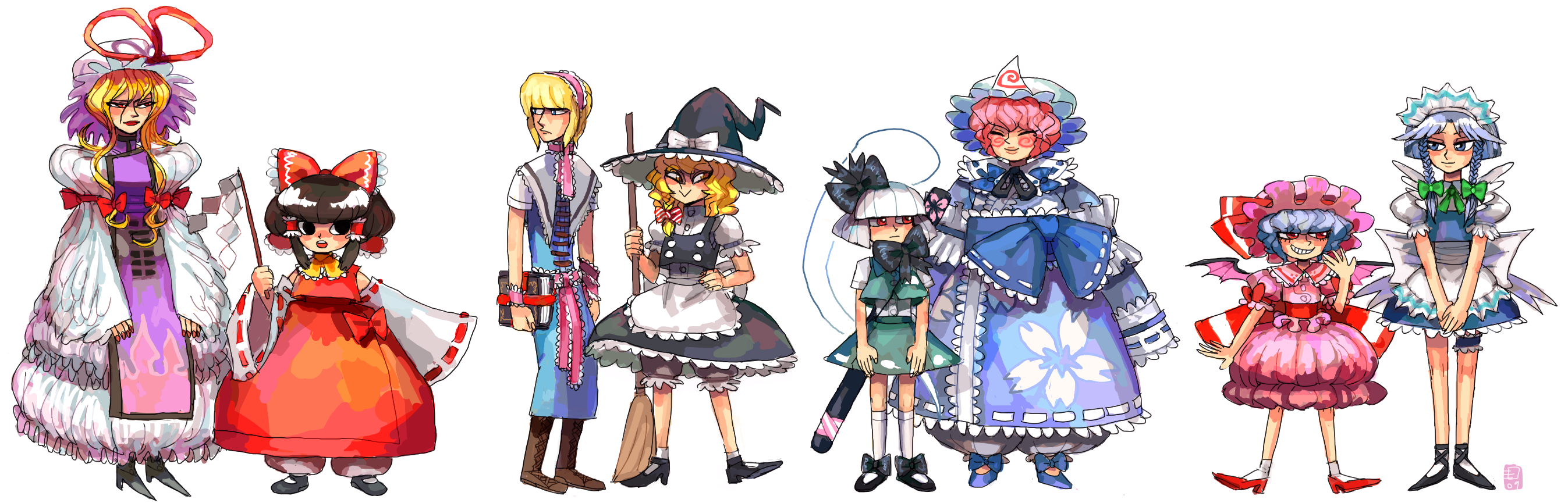 emlan, alice margatroid, hakurei reimu, izayoi sakuya, kirisame marisa, konpaku youmu, konpaku youmu (ghost), remilia scarlet, saigyouji yuyuko, yakumo yukari, imperishable night, touhou, white legwear, highres, long image, wide image, 6+girls, blonde hair, blouse, blunt bangs, book, boots, braid, collared shirt, female focus, footwear bow, frilled thigh strap, full body, hand on own hip, hat, holding, holding behind back, holding sword, holding sword behind back, holding weapon, holding weapon behind back, kneehighs, lace-up boots, mob cap, multiple girls, parody, pink shirt, red shirt, ribbon, riibons, shirt, short hair, side braid, simple background, single braid, socks, standing, sword, tabard, thigh strap, twin braids, weapon, white background, white shirt