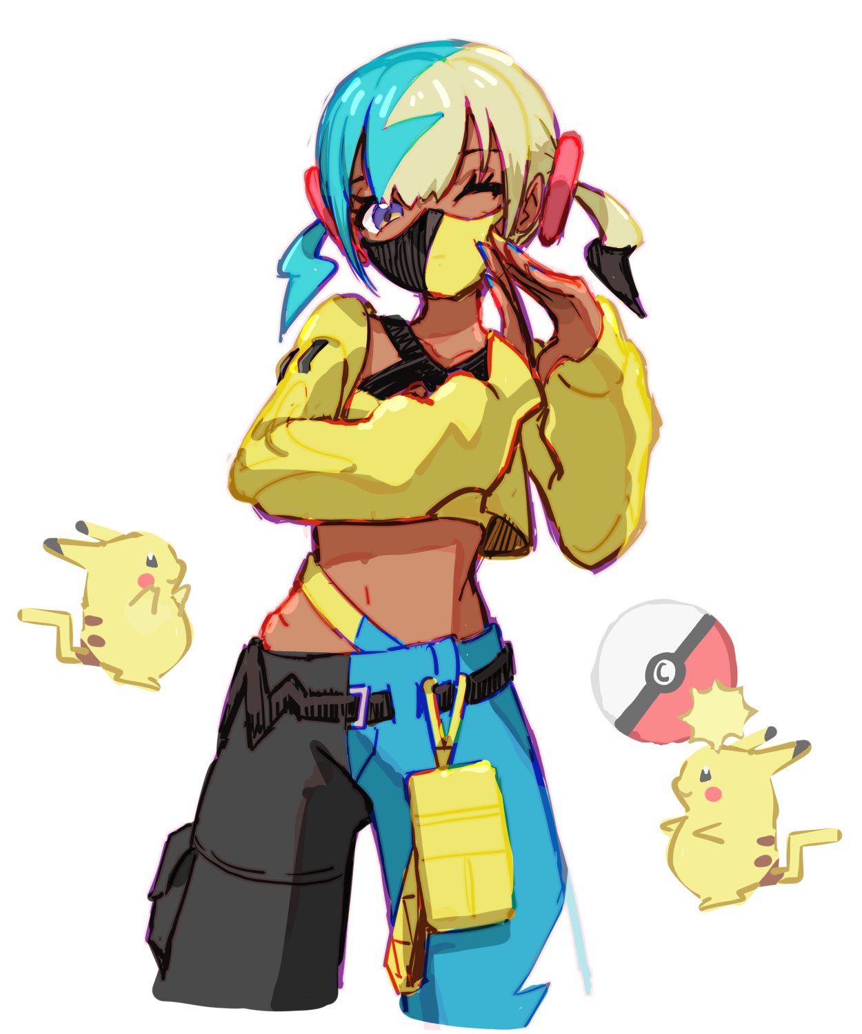 ffccll, canari (pokemon), pikachu, nintendo, pokemon, pokemon legends: z-a, highres, 1girl, belt, black belt, blue eyes, cropped jacket, eyelashes, gen 1 pokemon, hands up, jacket, long sleeves, looking at viewer, mask, mouth mask, multicolored hair, one eye closed, open clothes, open jacket, pants, pokemon (creature), short twintails, twintails, white background, yellow jacket