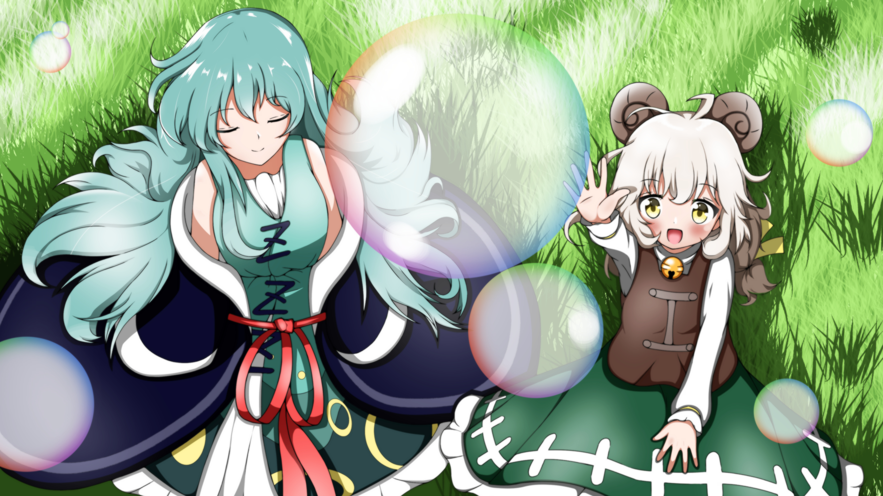 muwatari makura, gensou shoujo taisen, touhou, artist request, highres, 2girls, bell, blue hair, bubble, closed eyes, dress, field, grass, green skirt, horns, jingle bell, meeko (gensou shoujo taisen), multiple girls, neck bell, off shoulder, sheep horns, skirt, yellow eyes