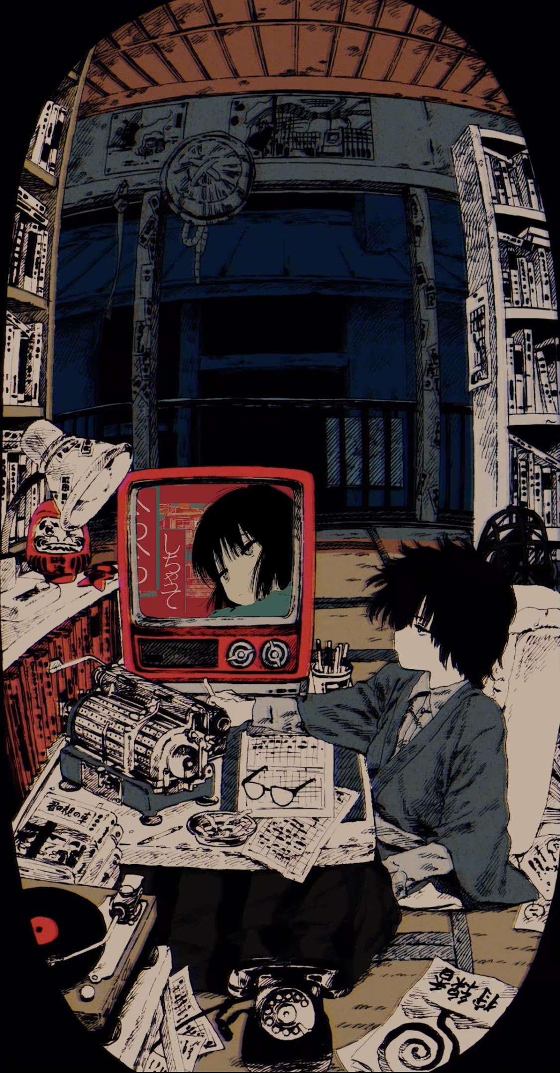 uchida akira (taaiseee1121), original, highres, 1boy, 1girl, ashtray, black hair, bookshelf, cigarette butt, daruma doll, expressionless, glasses, hanyuu maigo, indoors, japanese clothes, kimono, kotatsu, lamp, lying, phone, phonograph, short hair, table, tatami, television, unworn eyewear, vinyl record
