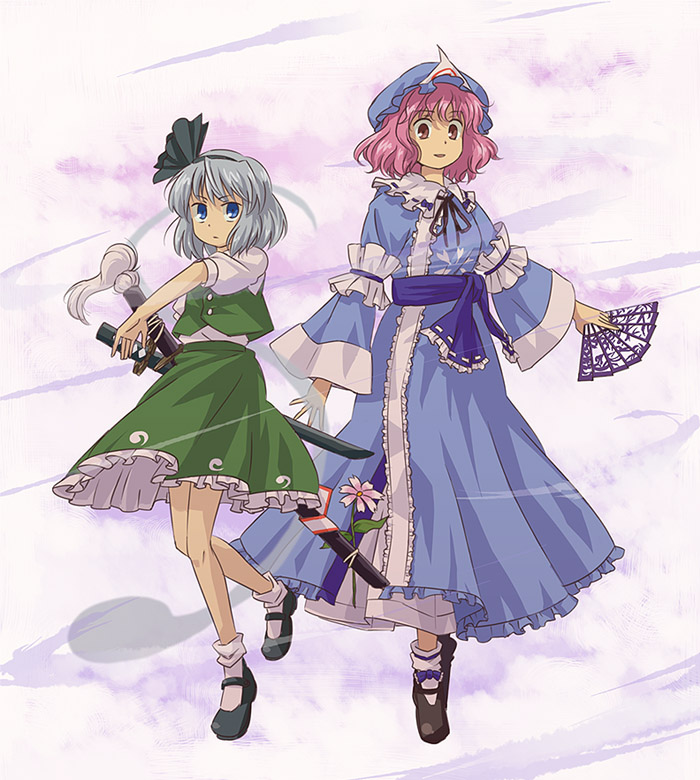 kannari, konpaku youmu, konpaku youmu (ghost), saigyouji yuyuko, touhou, silver hair, 2girls, blue eyes, female focus, fighting stance, flower, folding fan, ghost, hairband, hand fan, hat, japanese clothes, katana, kimono, multiple girls, pink eyes, pink hair, ready to draw, ribbon, sheath, sheathed, short hair, sword, weapon