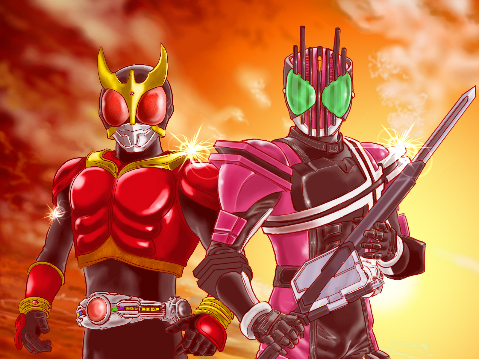 jolt (artist), kamen rider decade, kamen rider kuuga, kamen rider, kamen rider dcd, bad id, bad pixiv id, highres, 2boys, belt, green eyes, horns, multiple boys, red eyes, single horn, sword, weapon