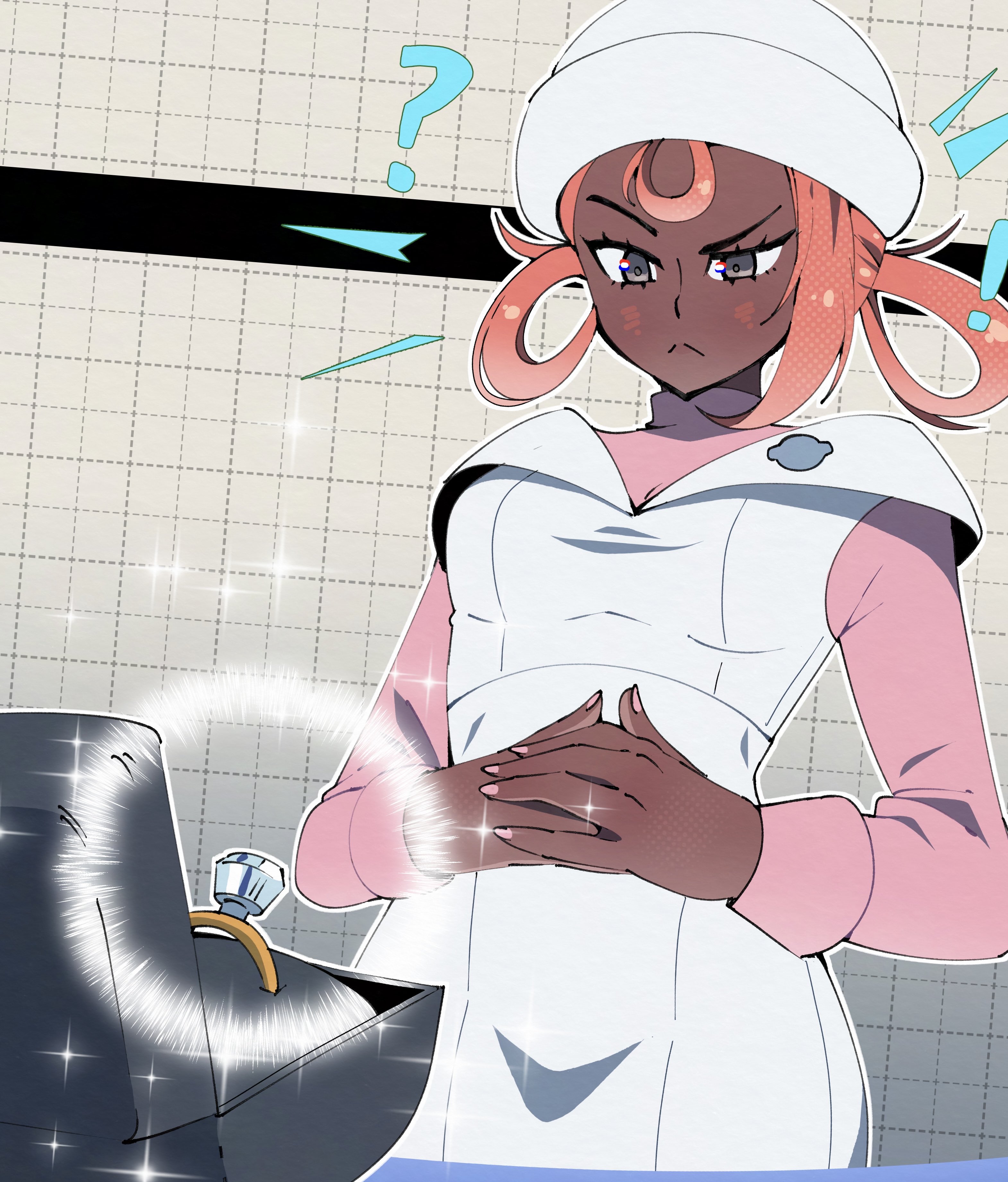 gjh, joy (pokemon), joy (pokemon legends: z-a), nintendo, pokemon, pokemon legends: z-a, absurdres, highres, 1girl, ?, dark-skinned female, dark skin, embarrassed, feet out of frame, green eyes, hat, indoors, jewelry, nurse, nurse cap, pink hair, pink shirt, ring, shirt, solo, standing, very dark skin, wedding ring